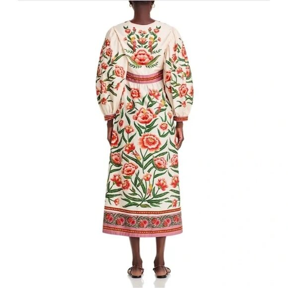 298$ FARM RIO Floral Ainika Delicate Balloon Sleeves Maxi Dress Size M Off White - Picture 3 of 4